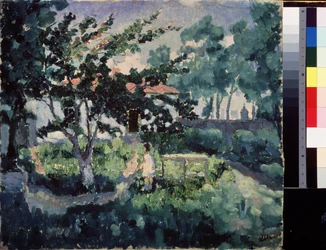 Paisaje de verano. Descripción del jardín de una pequeña casa de campo en verano, con un niño disfrutando de las vacaciones de verano. Pintura de Kasimir Severinovich Malevich (Malevich, Malevic) (1878-1935), óleo sobre lienzo