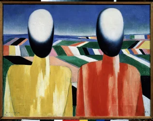 Campesinos (Campesinos). Dos cabezas sin rostro frente a un paisaje de campos de cultivo. Pintura de Kasimir Severinovich Malevitch (Malevich, Malevic) (1878-1935), óleo sobre lienzo, hacia 1930. Arte ruso, vanguardia, siglo XX, suprematismo. Musa estatal 