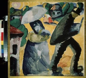 Provincia. Escena de la vida cotidiana en las calles de un pequeño pueblo, una pareja, sorprendida por la lluvia, camina bajo el aguacero, la mujer se abriga bajo un paraguas. Obra de Kasimir Severinovich Malevitch (Malevich, Malevic) (1878-1935), gouache 