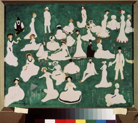 Relajación. Alta sociedad con sombreros de copa. (Relajante. Alta Sociedad con Sombreros de Copa). Escena de diversión y relajación en el césped de un parque. Obra de Kasimir Severinovich Malevitch (Malevich, Malevic) (1878-1935), acuarela, gouache y tinta
