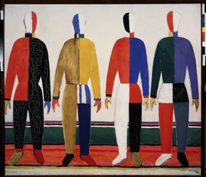 deportistas. Cuatro hombres vestidos con ropa deportiva de colores. Pintura de Kasimir Severinovich Malevich (Malevich, Malevic) (1878-1935), óleo sobre lienzo