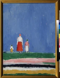 Tres Cifras (Tres Cifras). Una madre con dos hijos, representada de espaldas. Pintura de Kasimir Severinovich Malevitch (Malevich, Malevic) (1878-1935), óleo sobre lienzo 1913 o posterior a 1927. Arte ruso, vanguardias del siglo XX, suprematismo. Colección