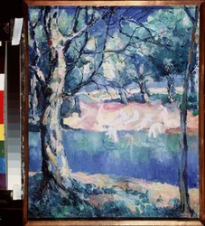 Un río en el bosque. En pleno verano, con bañistas desnudos esbozados en la orilla. Pintura de Kasimir Severinovich Malevich (Malevich, Malevic) (1878-1935), óleo sobre lienzo