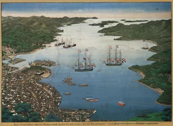 La isla de Deshima en la bahía de Nagasaki con los barcos Vasco da Gama y Johanna