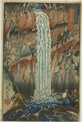 Cascadas con vista hacia atrás, una de las tres cascadas (Urami-ga-taki, santaki no sono ikkei), de la serie "Lugares escénicos famosos de las montañas de Nikko (Nikkosan meisho no uchi)"