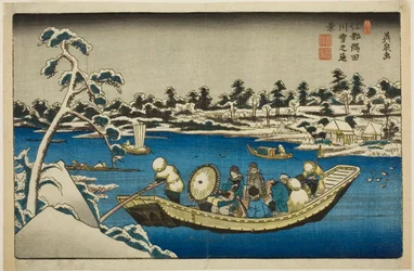 Vista lejana de la nieve en el río Sumida en Edo