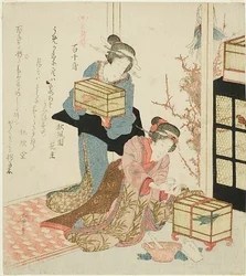 Alimentando al pájaro miríada (Momochidori), de la serie "La historia de tres pájaros (Sanchoden)"