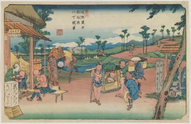 Número 9: Vista del terraplén de Hatchō en la estación de Kumagaya, de la serie «A lo largo del camino de Kiso»
