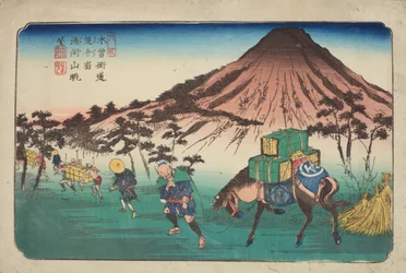 Oiwake, viajeros con un caballo pasando una montaña, lámina 22 de la serie: Las sesenta y nueve estaciones de la carretera de Kisokaido