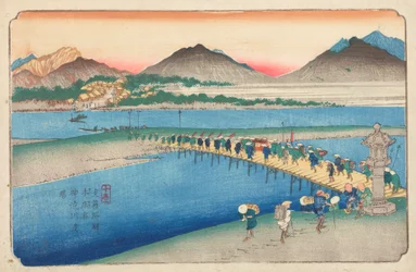 Cruce del río Shinjugawa en Honjo / Honjo shuku Shinjugawa watashiba, lámina 10 de la serie: Camino de Kisokaido / Kisoji-no eki