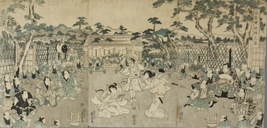 Hermanas vengando la muerte de su padre; de la obra de kabuki «Shiraishi»