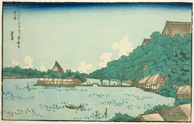 Templo Toeizan visto desde el santuario Shinobazu Benten en Edo (Edo Shinobazu Benten yori Toeizan o miru zu), de una serie de lugares famosos de Edo con marcos de letras occidentales.