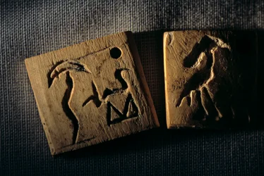 Etiqueta de marfil predinástica, escritura más antigua, Dr. Gunter Dreyer, Egipto, 2005 (foto)
