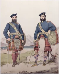 Dos hombres con vestimenta de las Tierras Altas, grabado por Vincent Brooks, 1868