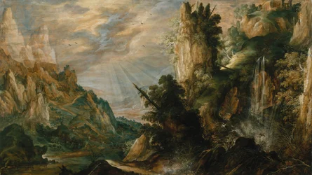 Paisaje montañoso con una cascada, ca. 1600