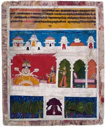 Una dama en una terraza ofrece el antiguo sacrificio ritual védico a Brahma, c.1725