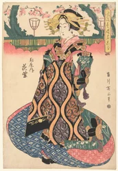 Cortesana Hanamurasaki de la casa Tamaya Tamaya uchi Hanamurasaki (título sobre objeto) Flores famosas de las refinadas casas de placer (título de la serie) Furyu seiro meika awase (título de la serie sobre el objeto)