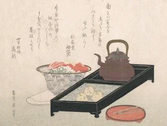 Utensilios para té y un tazón de pastel