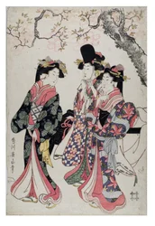 Tres cortesanas paseando bajo un cerezo en flor. Vestidas de corte, c.1790-1815 (xilografía sobre papel)