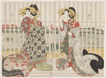 Las cortesanas Hinaya y Karauta detrás de la ventana enrejada de la casa Chojiya junto al río Sumida en la temporada de los cerezos en flor