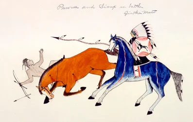 Desmontar a un guerrero Pawnee por el guerrero Dakota Sioux Zintka Mato Dog Bear, c1889-1927