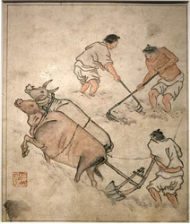 Escena de trabajo agrícola. Pintura de Danwon (Kim Hongdo) (1745-1806), tinta sobre papel, arte coreano, periodo Joseon (Choson), siglo XVIII. Museo Nacional de Corea, Seúl (Corea del Sur).