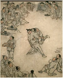 Escena de lucha tradicional, con espectadores y un vendedor de dulces. Arte coreano, período Joseon, siglo XVIII. Museo Nacional de Corea, Seúl (Corea del Sur).