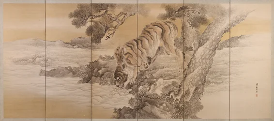 Pantalla de seis paneles que representa un tigre bebiendo