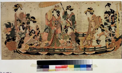 Admira los cerezos en flor (Hanami) (Cherry Blossom Viewing, Hanami). Imprimir por Kitagawa Utamaro II (?-1831). Aguafuerte a color, 37 x 76 cm. arte oriental. Museo Pushkin, Moscú