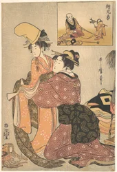 Una mujer viste a una niña para la danza kabuki «Musume Dōjōji», con una «imagen hermana» (E-kyōdai) de un domador de monos