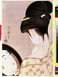 Una mujer empolvándose el cuello a la sombra. Estampa japonesa de Kitagawa Utamaro (1753-1806). 0,37 x 0,22 m. 1795-1796. París, Musée Guimet, Museo Nacional de Artes Asiáticas