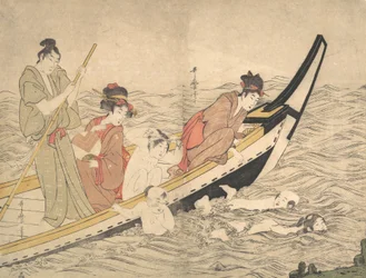 Fiesta en bote con niños nadando, finales del siglo XVIII