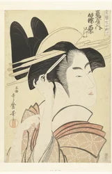 Busto retrato de la cortesana Shinowara de la casa Tsuruya. Tsuruya uchi Shinowara (título sobre objeto) Los siete Komachi de las casas de placer (título de la serie) Seiro nana Komachi (título de serie en objeto)