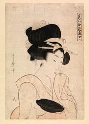 Cortesana sosteniendo una copa de sake, c.1790-1806 (xilografía en color)