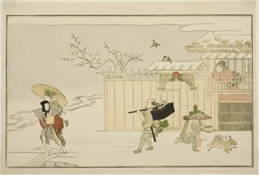 Entregando regalos de Año Nuevo en la nieve, de la antología ilustrada de kyoka "El joven dios Ebisu (Waka Ebisu)"