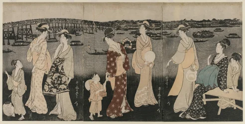 Disfrutando de la frescura de la tarde a lo largo del río Sumida, c. 1797-98