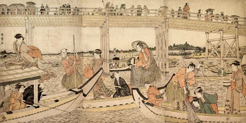 Barcos de Pesca con Redes bajo el Puente Ryogoku, 1790s