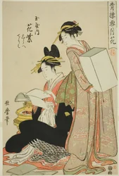 Hanamurasaki del Tamaya, (kamuro:) Shirabe, Teriha, Flores de la serie Nieve, Luna y Flores en Yoshiwara (Seiro setsugekka) (Tamaya uchi Hanamurasaki, Shirabe, Teriha)
