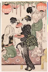 Chicas jóvenes de una casa de té japonesa colgando faroles de una espaldera de glicina - Impresión de Kitagawa Utamaro (1753-1806), alrededor de 1795, linograbado - Chicas de la casa de té bajo una espaldera de glicinia - Linograbado en color de Kitagawa U