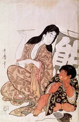 Kintarō y Yamauba practicando caligrafía, serie: Yamauba y Kintarō. Estampa japonesa de Kitagawa Utamaro (1753-1806). Dimensiones: 0,38 x 0,26 m. 1790-1806. París, Museo Guimet, Museo Nacional de Artes Asiáticas