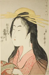 Kisegawa del Matsubaya, [cuyos asistentes son] Sasano, Takeno, de la serie “Siete Komachi de Yoshiwara”