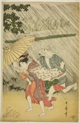 Amantes bajo un paraguas, c.1797 (xilografía en color; oban)