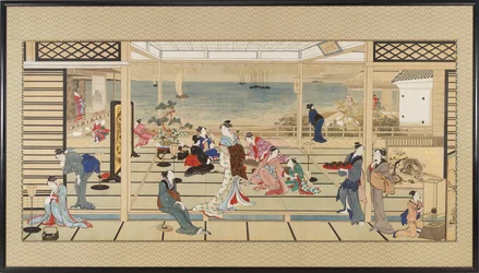 Revelry a la luz de la luna en Dozo Sagami, período Edo, finales del siglo XVIII - principios del siglo XIX