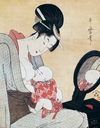 Madre amamantando a su hijo, estampa ukiyo-e de Kitagawa Utamaro (1753-1806), xilografía, civilización japonesa, período Edo