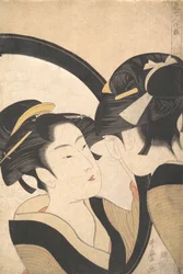 Naniwa Okita admirándose en un espejo, ca. 1790-95
