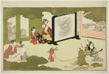 Actuación de un mono entrenado, de una antología de poesía ilustrada titulada "El joven dios Ebisu (Waka Ebisu)"