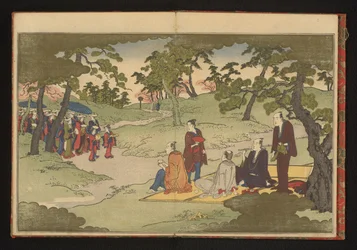 Recogiendo y disfrutando del té en las colinas de Ueno, Edo