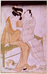Representación de una pareja japonesa acariciándose en un banco