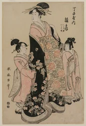 La cortesana Hinazuru de Chojiya con sus asistentes Tsuruji y Tsuruno, c. 1794