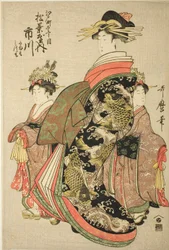 La cortesana Ichikawa del Matsubaya en Edo-machi Itchome, con sus asistentes infantiles Tamamo y Mitsumo
